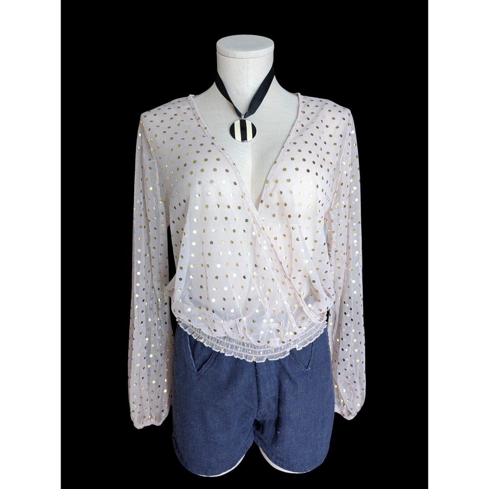Blush Pink Gold Polka Dot Sheer Mesh Wrap Blouse NWT Large |‎ Romantic Party Top